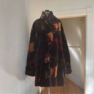 Vintage 90s
black faux fur coat with letters patterns,
